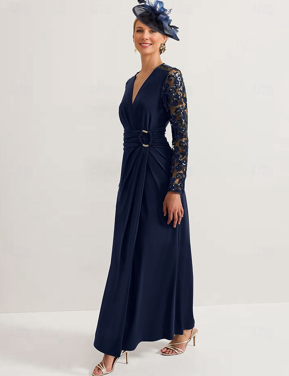 Sheath Jurk Moeder van de Bruid Jurk Elegante V Hals Enkellengte Rekbare Stof Lange Mouw met Kant Geplooid Effen Kleur gratis maat op maat 2025 - $167.99 –P3