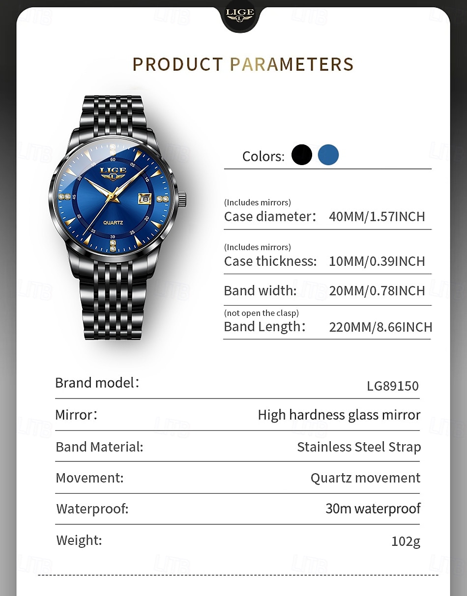 LIGE Men Quartz Watch Minimalist Calendar Stainless Steel Watch 2025 - $27.99 –P10