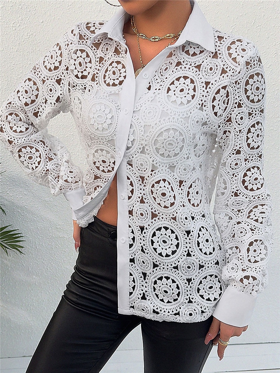 Damen Hemd Bluse Basic Casual Spitze Langarm Normal Oberteile V-Ausschnitt Alltag Ausgehen Weiß Frühling& fallen 2025 - $29.99 –P2