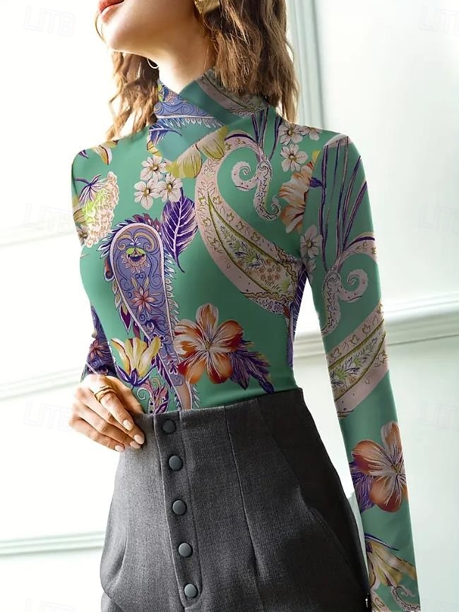 Women's Tunic T Shirt Elegant Bohemia Ethnic Long Sleeve Regular Tops Turtleneck Vacation Going out Green Fall Winter 2025 - $24.99 –P2