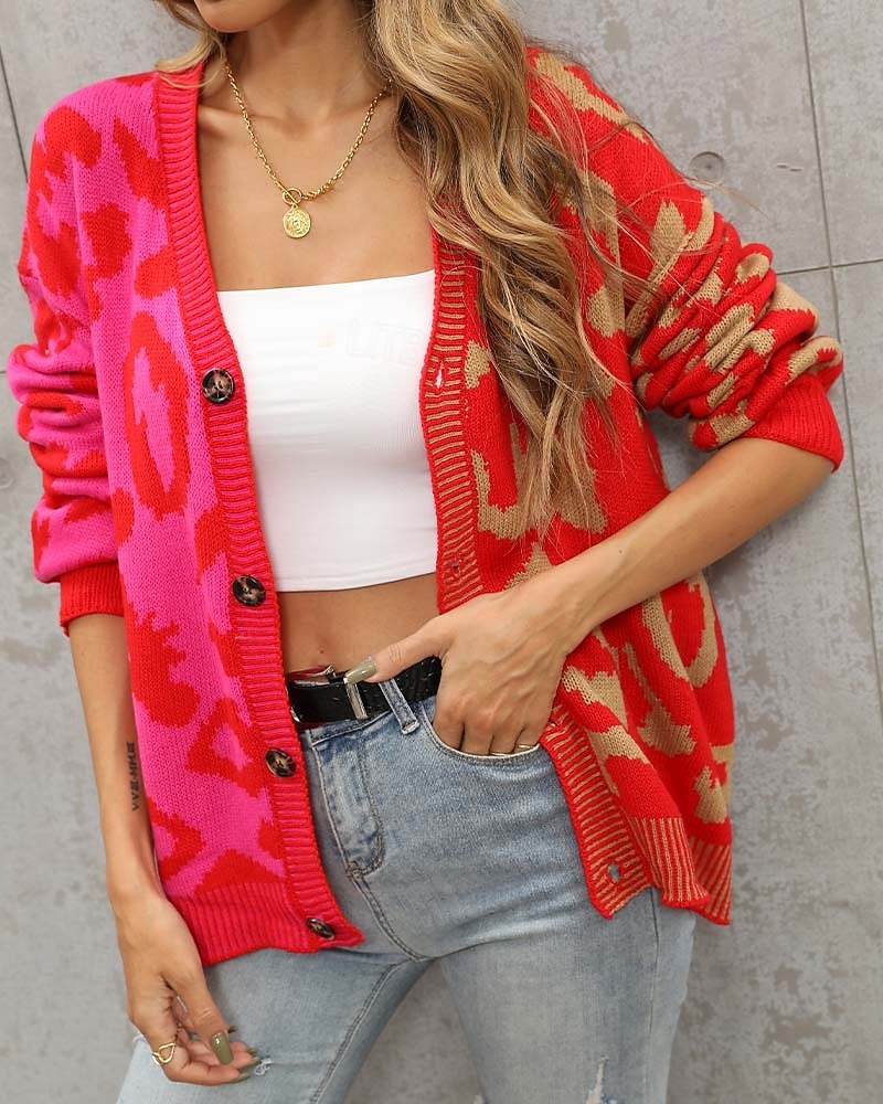Damen Strickjacke Modisch Täglich Brautkleider schlicht Leopard Farbblock Bedruckt Öffnung vorne Strick Langarm Normale Oberteile Stricken Formal Heim Rote Braun Herbst Winter 2025 - $37.99 –P8