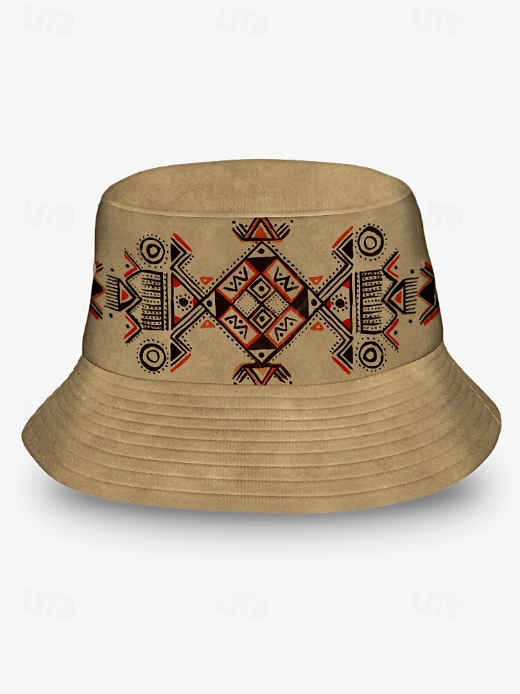 pánský béžový bucket klobouk s etnickým geometrickým potiskem - stylový letní klobouk pro outdoorové dobrodružství a festivaly 2025 - $18.99 –P3