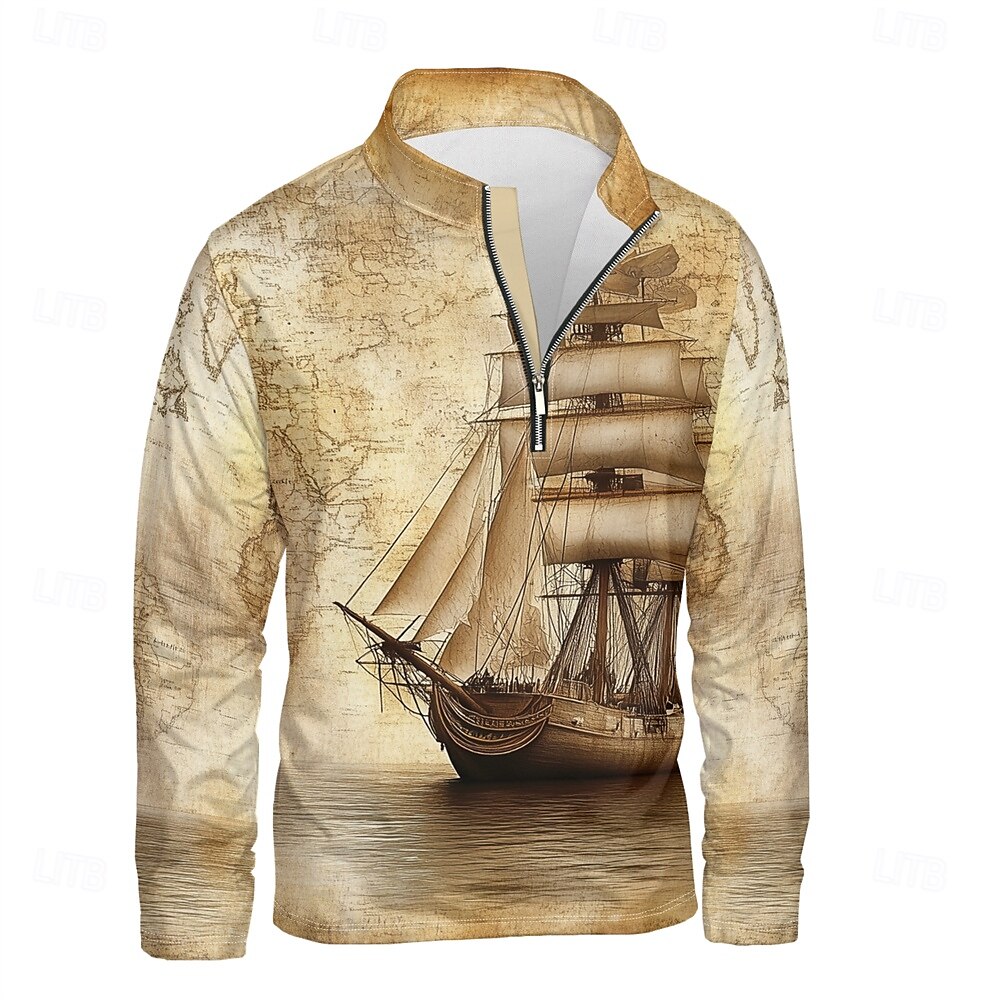 Hombre Graphic Bote Sudaderas Sudadera con un cuarto de cremallera Manga Larga Camisa de entrenamiento Escote Chino Diario Casual retro de la vendimia Impresión 3D Vacaciones Noche Ropa de calle 2025 - $29.99 –P1