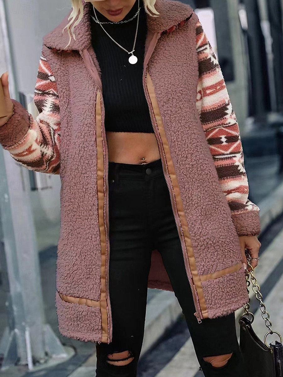Dames Fleecejack Teddy jas Hoodie jas Houd Warm Ademend Vetoketju Zak Met fleece gevoerd Vintage Casual Geometrisch Vakantie Straat Alledaagse kleding Uitgaan Rits Lang Strijkijzer Normale pasvorm 2025 - $52.99 –P8