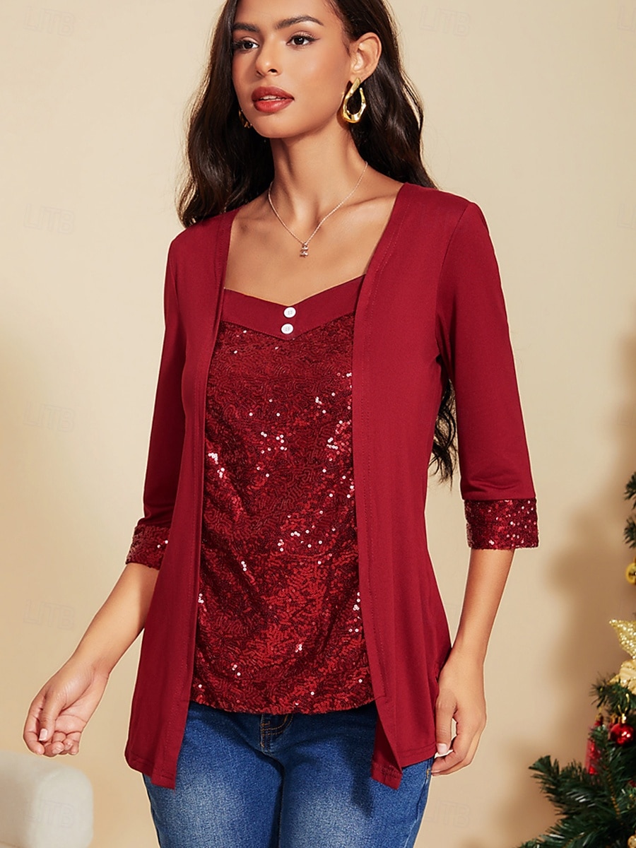 Damen Tunika Bluse einfarbig Alltag Casual Langarm V-Ausschnitt rot Frühling Herbst 2025 - $24.99 –P5