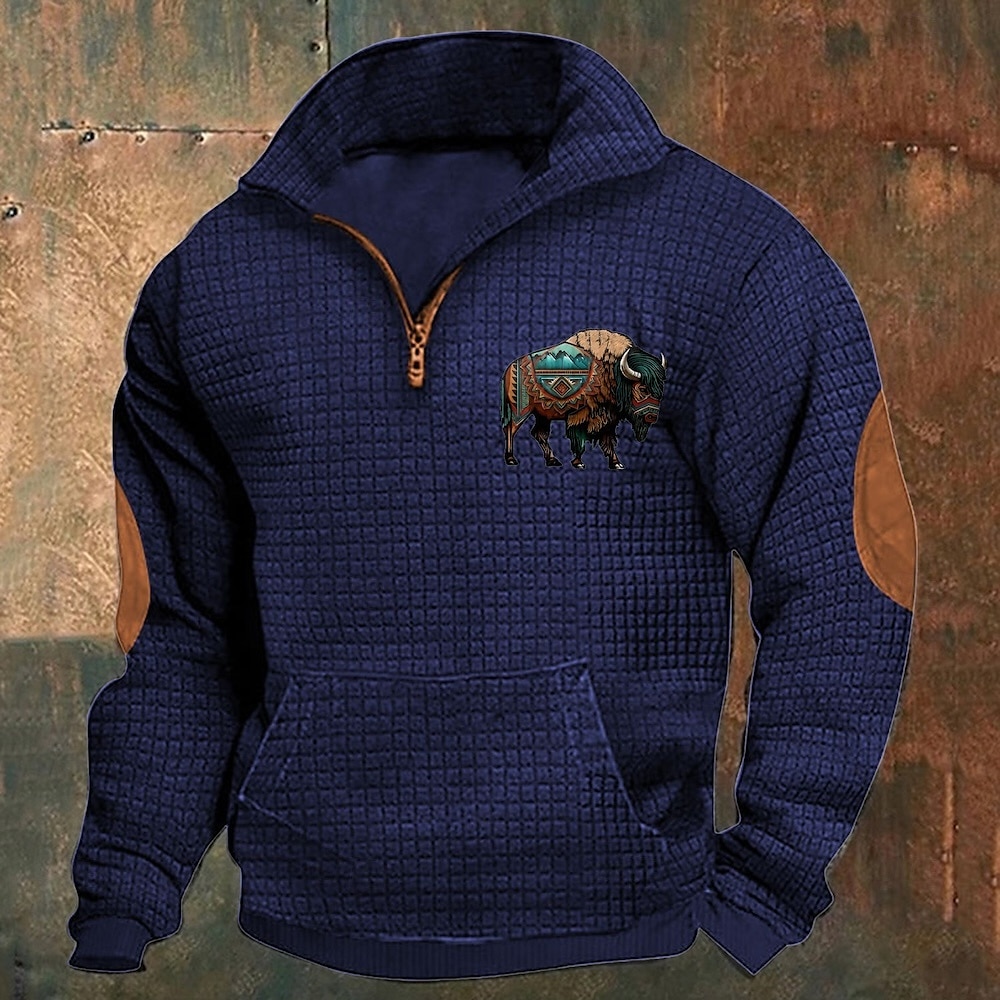 Pánské Waffle mikina Mikina Čtvrtletní mikina na zip Černá Námořnická modř Khaki Tmavě šedá Šedá Poloviční zip Grafika Kráva Tisk Slátanina Přední kapsa Čtvrtletní zip Denní Dovolená Jdeme ven Šik 2025 - $28.99 –P7