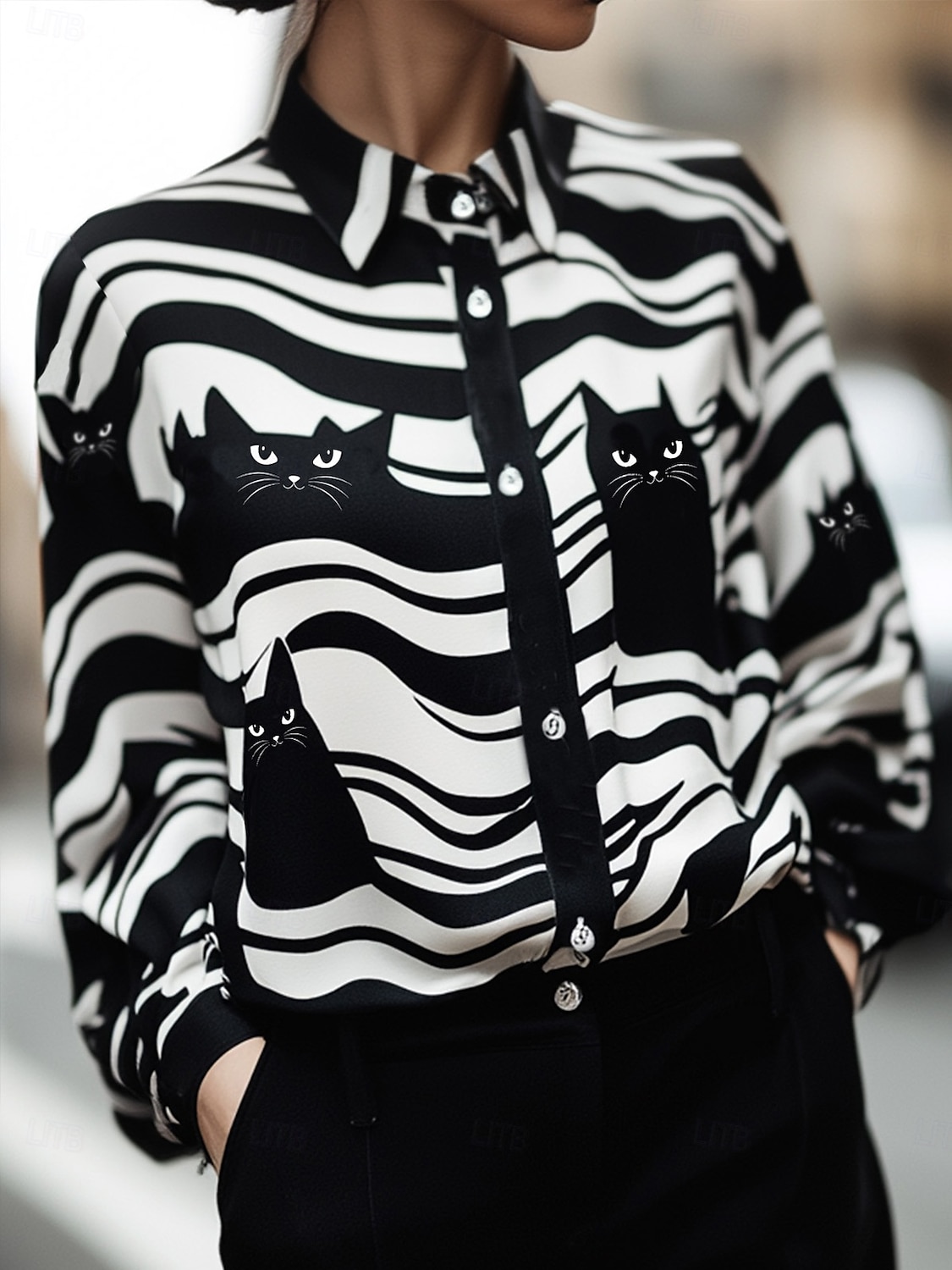 Damen Hemd Katze Gestreift Elegant Stilvoll Modern Langarm Hemdkragen Normale Oberteile Arbeit Druck Schwarz Frühling Herbst Winter 2025 - $32.99 –P1