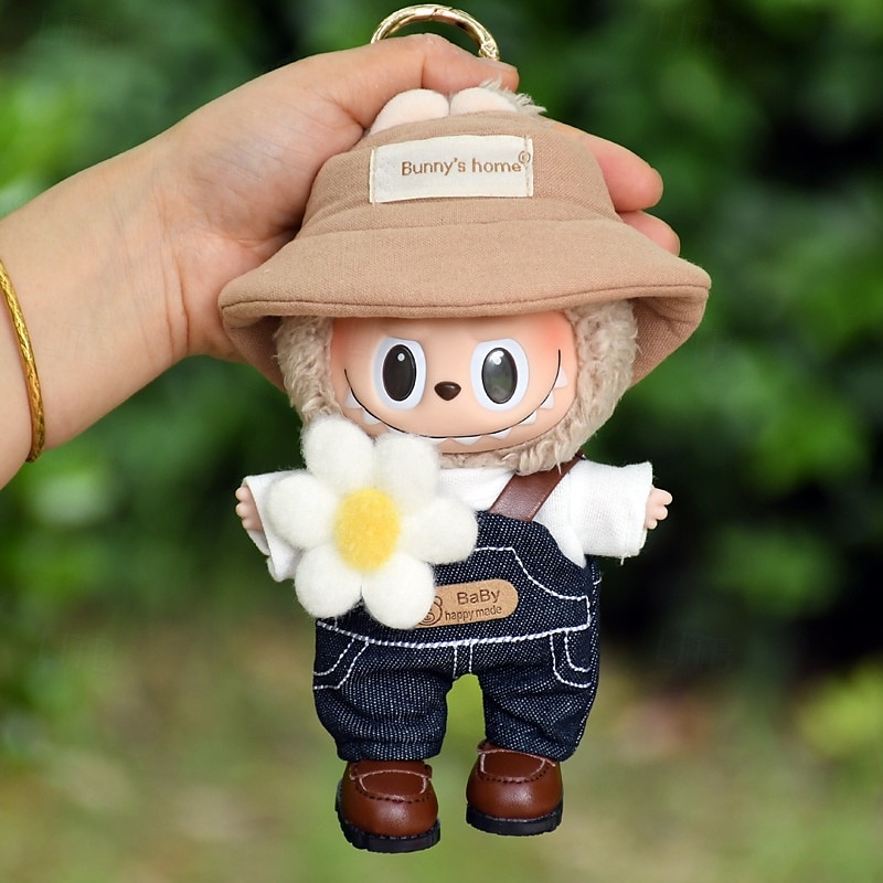 Dockkläder set 7 tum/17 cm ForLabubu mjuk docka kläder hatt topp byxor tillbehör 5-delat set dockklädning hatt jeans byxor röd skjorta (UTAN docka) 2025 - $31.99 –P3