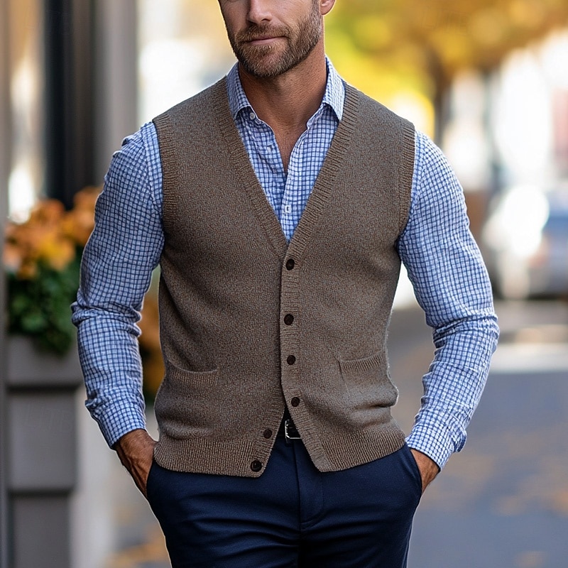 Herren Pullunder Strickjacke Kurz gestrickt Stricken Standard Tasche Feste Farbe V Ausschnitt Elegant Vintage Heim Arbeit Bekleidung Frühling Herbst Dunkelmarine Braun M L XL 2025 - $30.99 –P1