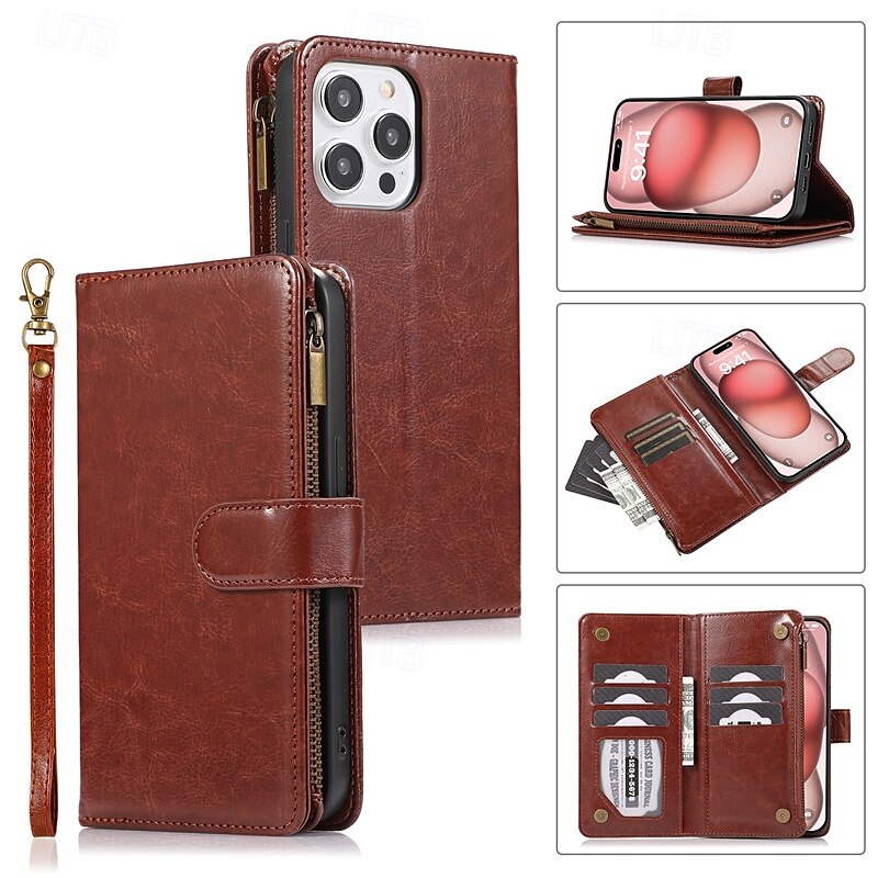Phone Case For iPhone 16 Pro Max Plus iPhone 15 Pro Max Plus iPhone 14 13 12 11 Pro Max Mini SE X XR XS Max 8 7 Plus Back Cover with Stand Holder Zipper with Wrist Strap Retro TPU PU Leather 2025 - $17.99 –P5