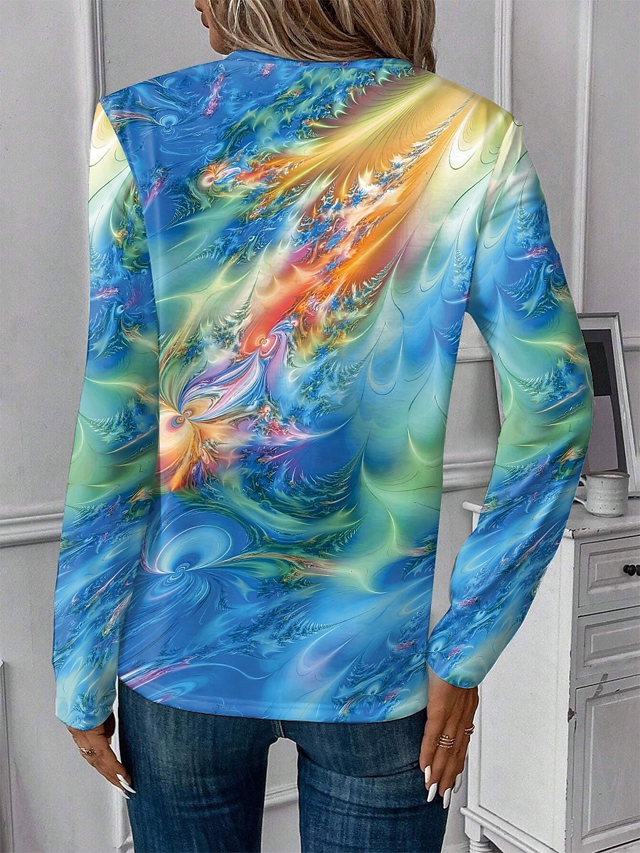 Женская футболка с круглым вырезом длинным рукавом туника омбре повседневная обычные топы повседневная принт синий весна осень 2025 - $22.99 –P2