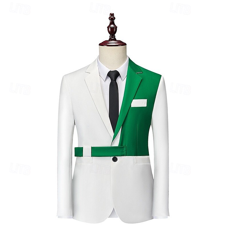 Veste blazer pour hommes mode soirée décontractée patchwork blanche/verte noire/blanche noire/verte ajustée à bouton simple de 2025 ? $54.99 –P4