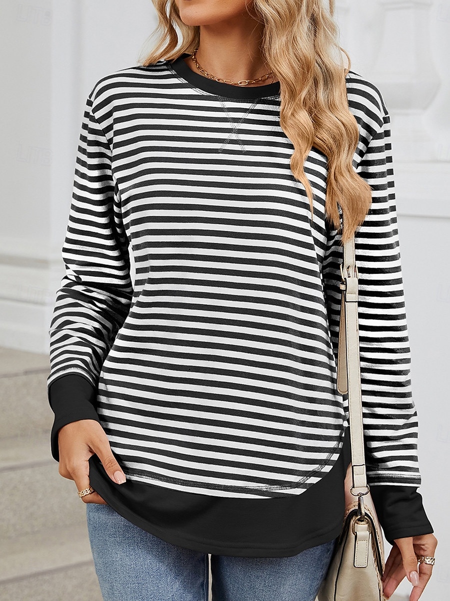 dam sweatshirt casual randig street dailywear tryck med rund hals lång ärm svart rosa höst vinter 2025 - $46.99 –P7