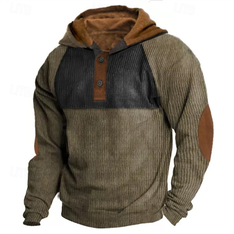 Men's Hoodie Army Green Hooded Color Block Patchwork Ribbed