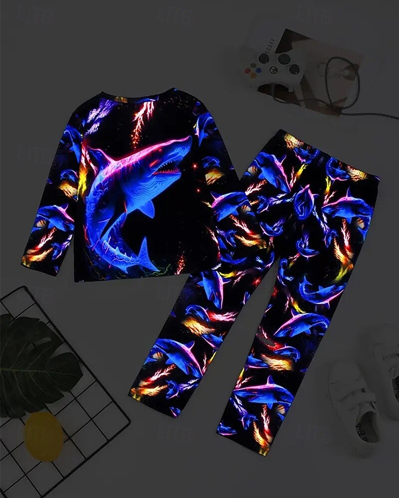 Chlapecké 3D Grafika Žralok Pyžamové soupravy Trička a kalhoty Pyžamové sady Dlouhý rukáv 3D tisk Podzim Zima Aktivní Základní Děti 4 roky + Tričkový Domů Denní Běžný 2025 - $16.99 –P4
