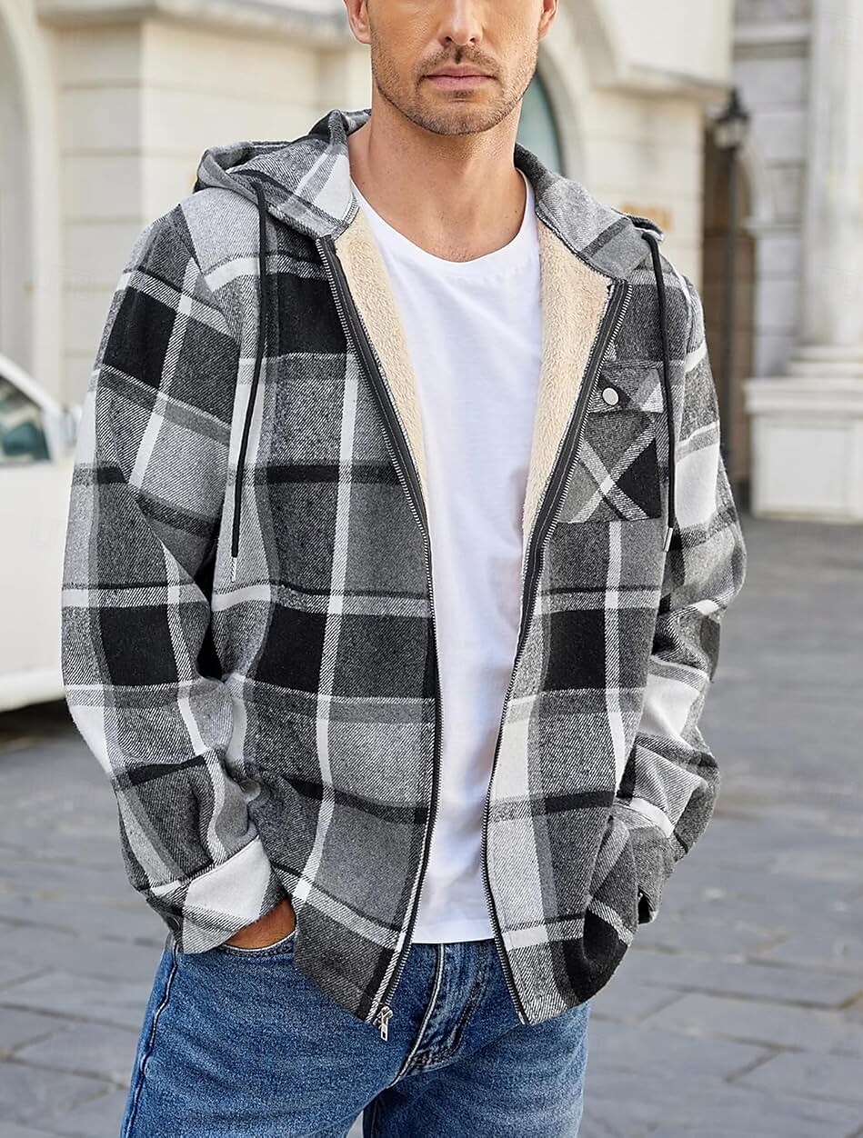 Herren Hemdjacke Kapuzenjacke Shacket Flanell-Fleecejacke Täglich Urlaub warm Mit Kapuze Herbst Winter Schottenstoff Kariert Modisch Strassenmode Kargen Standard Schwarz Dunkelrot Hellgrün Rote Blau 2025 - $60.99 –P6