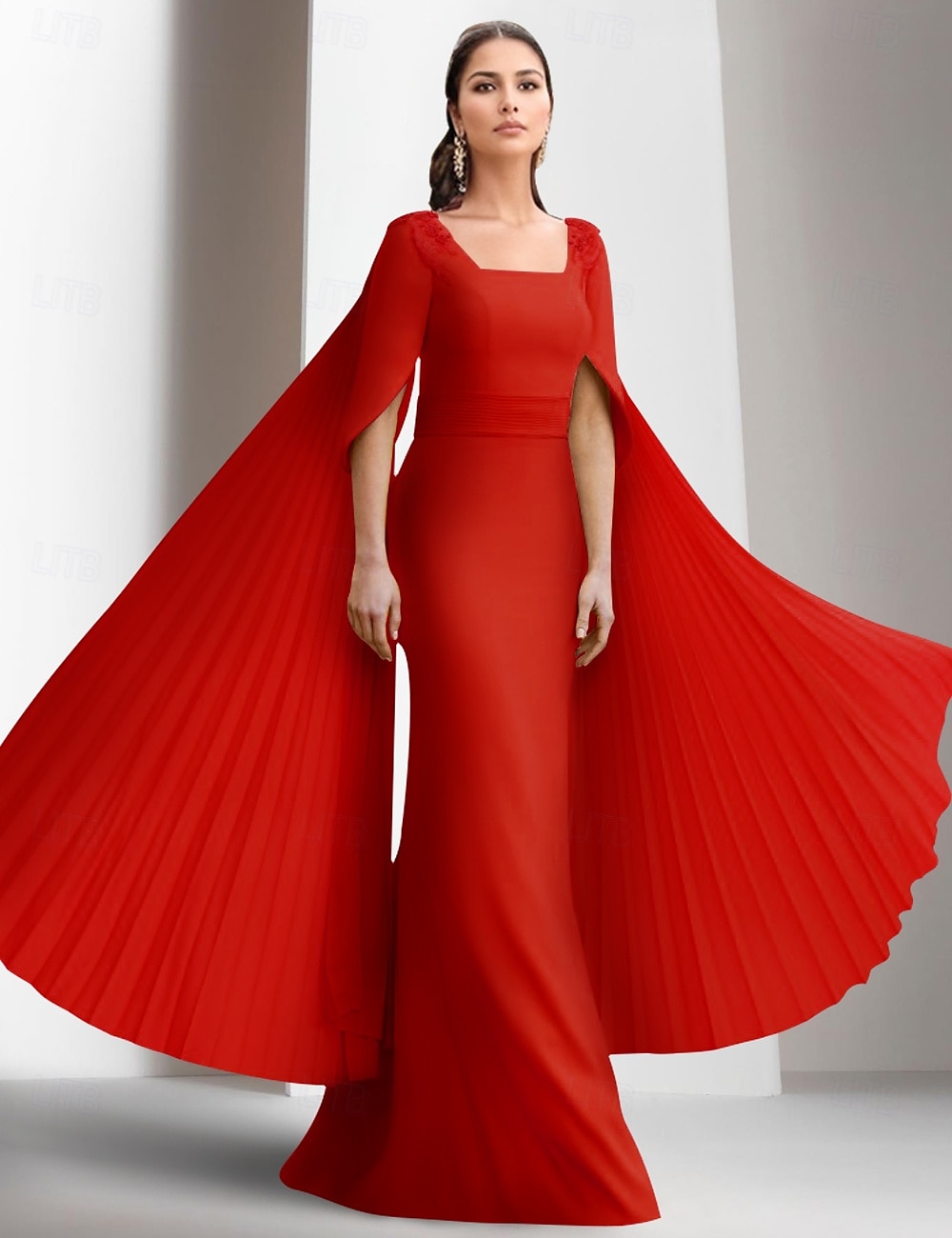 Rotes Etui Abendkleid Elegantes formelles Hochzeitsgast Kleid Bodenlang Kurzarm Quadrat Ausschnitt Stretch-Crepe mit Applikationen 2025 - $189.99 –P1