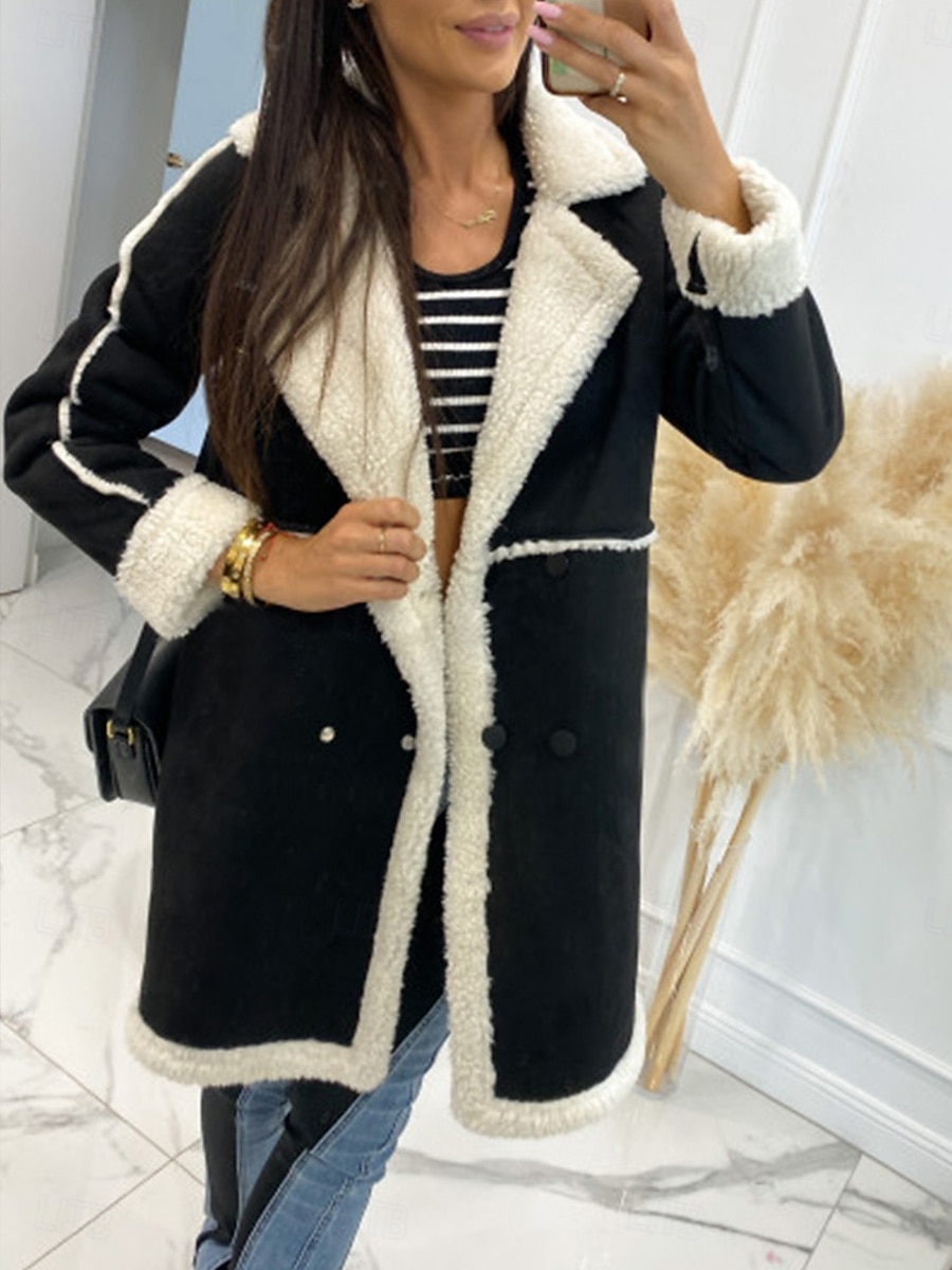 Dames Winterjas Winddicht Houd Warm Lapwerk Knop Elegant Buiten Effen Kleur Werk Casual Dubbele rij knopen Strijkijzer Ruim Passend Lange mouw bovenkleding Zwart Bruin Herfst Winter 2025 - $73.99 –P5