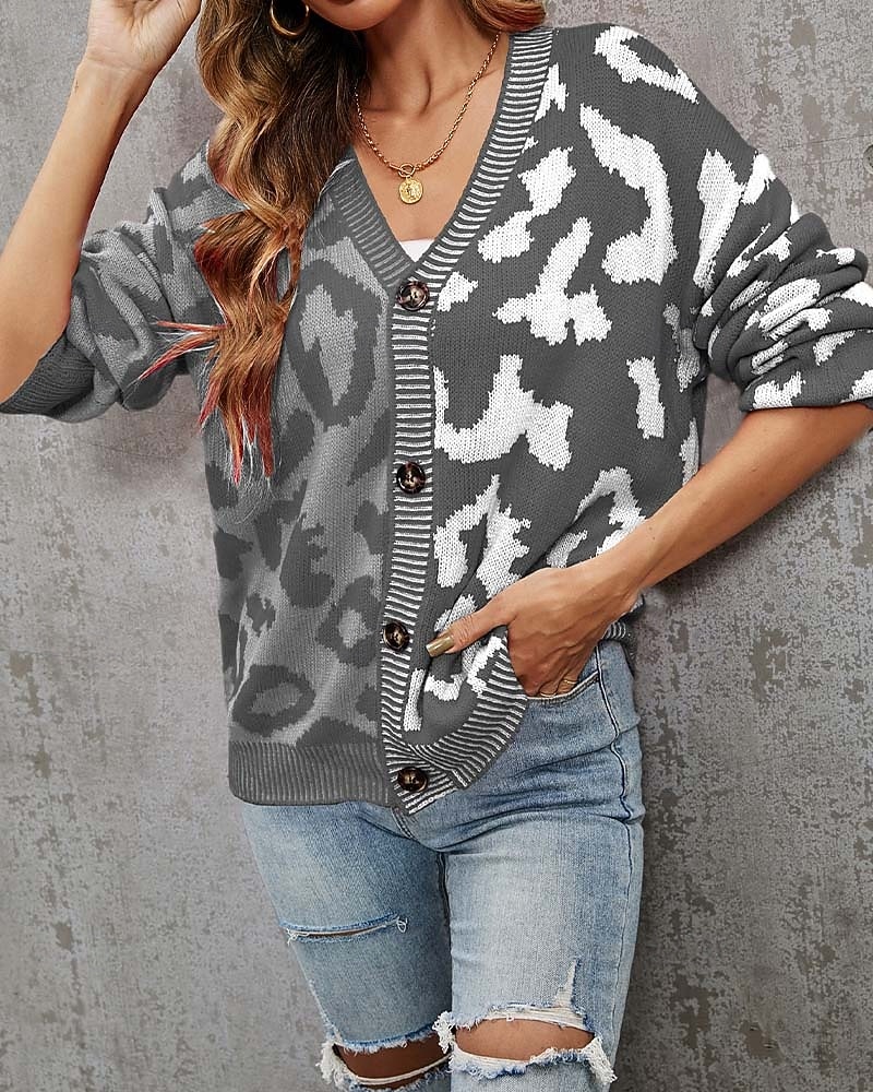Damen Strickjacke Modisch Täglich Brautkleider schlicht Leopard Farbblock Bedruckt Öffnung vorne Strick Langarm Normale Oberteile Stricken Formal Heim Rote Braun Herbst Winter 2025 - $37.99 –P5