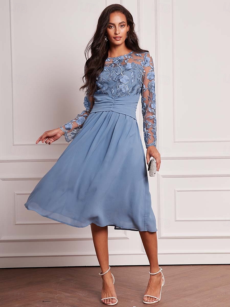 Damen-Hochzeitsgastkleid, Vintage-Kleid, Midikleid, gerüschtes Netz, elegante Cocktailkleider, lässig, Rundhalsausschnitt, lange Ärmel, blaue Farbe 2025 - $49.99 –P5