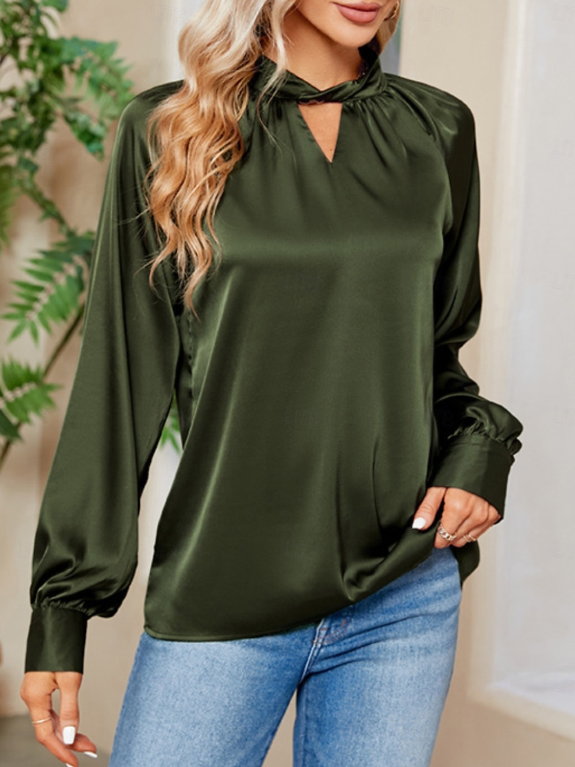 Per donna Camicia Elegant Elegante Raso/Satin Tinta unica Signore Elegante Manica Lunga Scollo a V Top Regolari Feste Lavoro Nodo attorcigliato Nero Bianco Verde Cachi Autunno Inverno del 2025 a $34.99 –P5