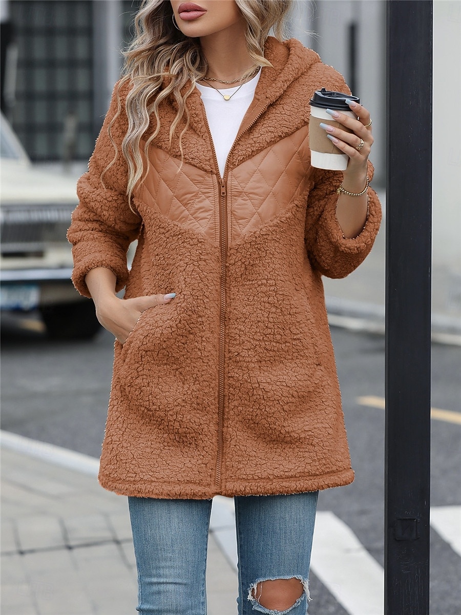 Damen Fleecejacke Teddy-Mantel Hoodie Jacke warm halten Atmungsaktiv Zip Tasche Innenfutter aus Fleece Brautkleider schlicht Glatt Urlaub Strasse Freizeitskleidung Ausgehen Reisverschluss Standard 2025 - $38.99 –P8