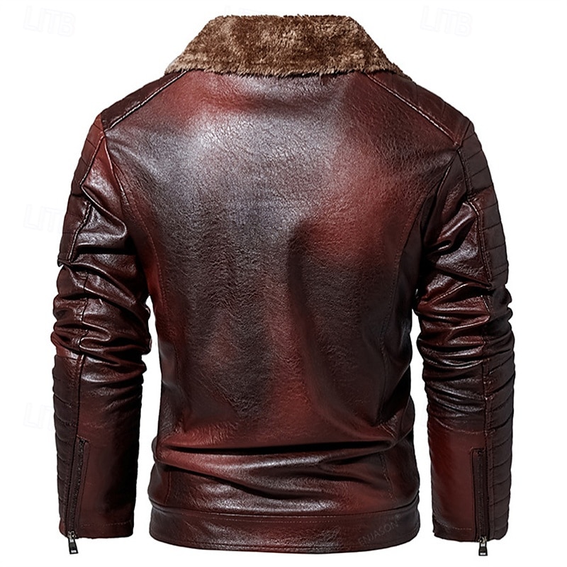 Herr Imitationsläderjacka Fleece-jacka Bikerjacka Motorcykeljacka Dagligen Semester Vindtät Håller värmen Ficka Höst vinter Slät Mode Klassisk Kavajslag Normal Svart Rubinrött Brun Kaffe Jacka 2025 - $86.99 –P12