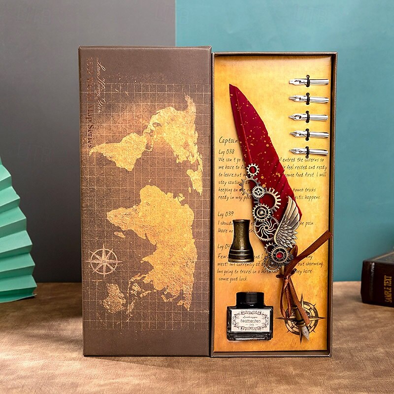 1 Set Geschenkbox, Federkiel, Kalligraphie-Stift und Tintenschreiber-Set, antikes Schreiben, Quilt-Tintenfeder, mechanisches Getriebe, Steampunk-Federkiel zum Zeichnen, Signieren und für 2025 - $28.99 –P8