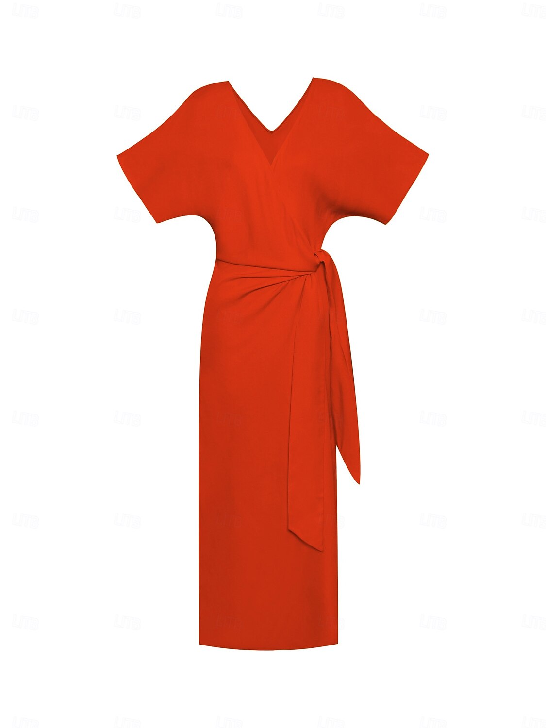 Robe midi portefeuille froncée en lin tencel pour femme orange rouge col en V de 2025 ? $119.99 –P17