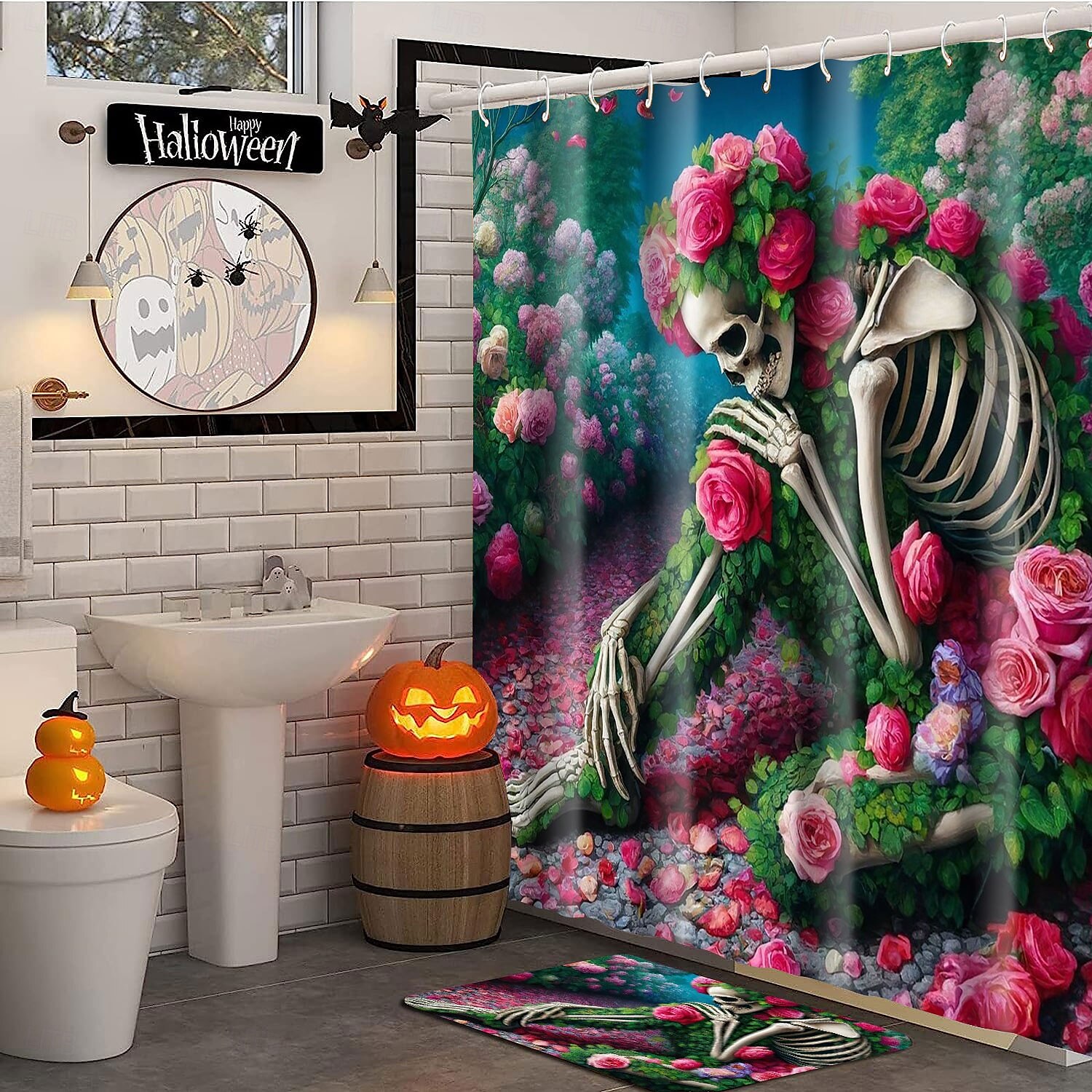 cortina de chuveiro de halloween com ganchos para banheiro cortina de chuveiro de caveira conjunto de decoração de banheiro poliéster à prova d'água pacote com 12 ganchos de plástico cabeças de de 2025 por $21.99 –P15