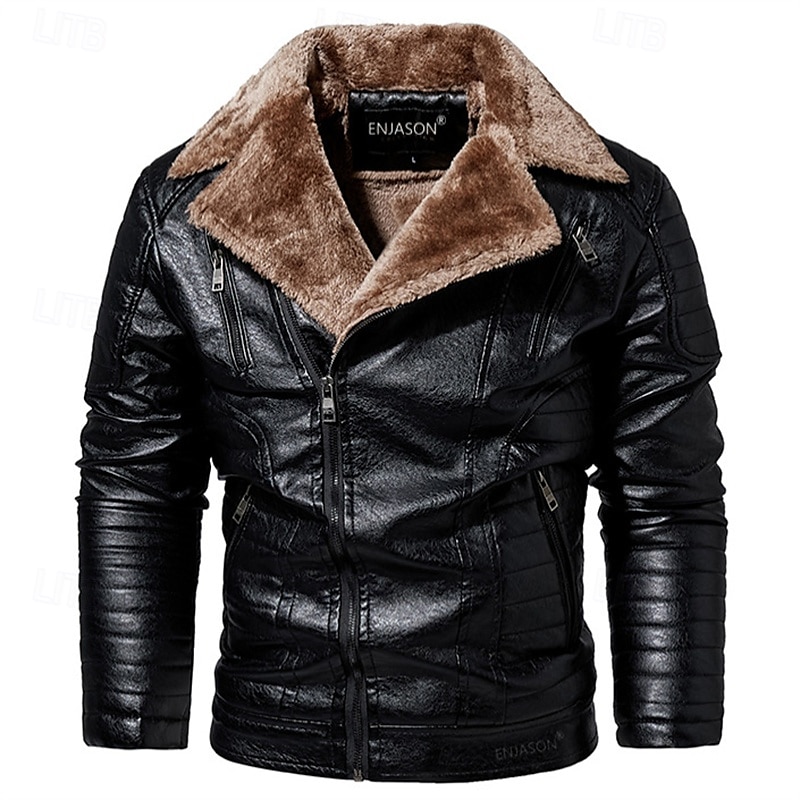 Herr Imitationsläderjacka Fleece-jacka Bikerjacka Motorcykeljacka Dagligen Semester Vindtät Håller värmen Ficka Höst vinter Slät Mode Klassisk Kavajslag Normal Svart Rubinrött Brun Kaffe Jacka 2025 - $86.99 –P5