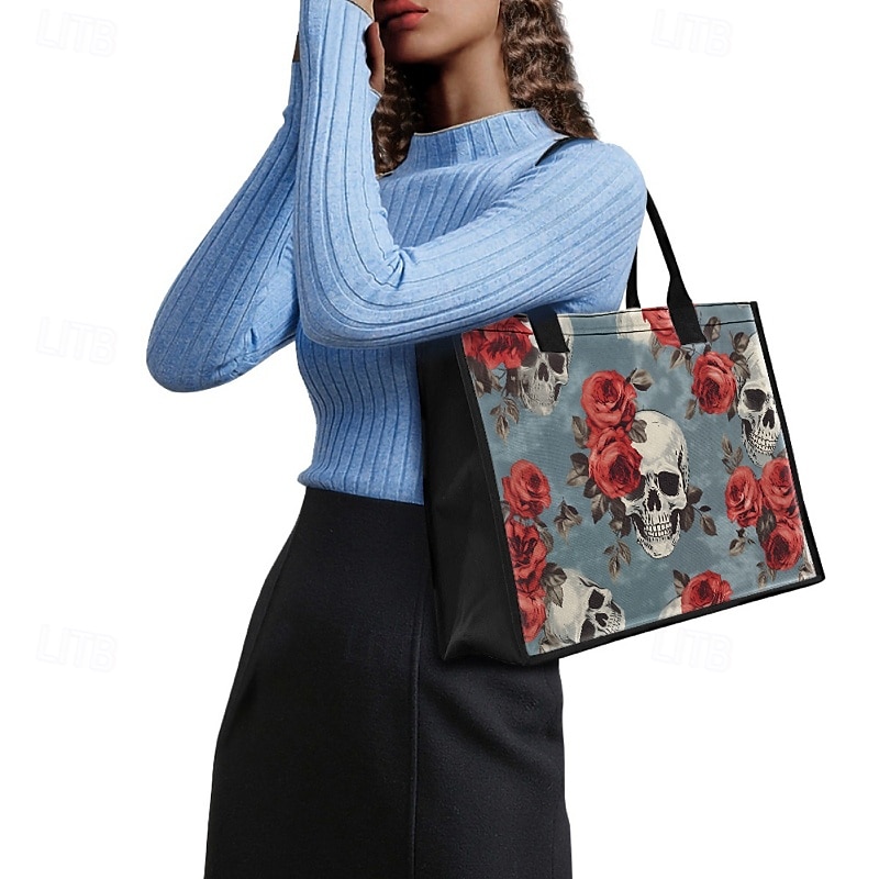 sac fourre-tout imprimé tête de mort et rose – grand sac à main gothique pour femme, design floral vintage, parfait pour Halloween ou pour un usage quotidien de 2025 ? $19.99 –P1