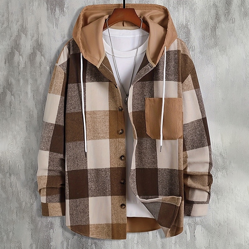 Men's Shirt Flannel Shirt Overshirt Plaid Outdoor Street Black Pink Navy Blue Brown Long Sleeve Hooded Winter Spring &  Fall Clothing Apparel 2025 - $28.99 –P7