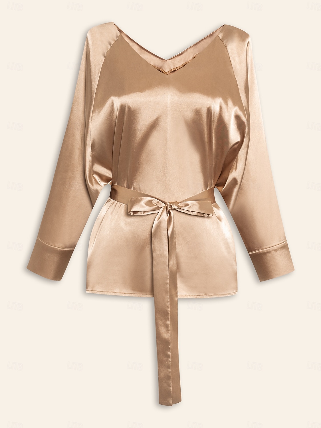 blusa elegante decote em v com cinto dourado de cetim de 2025 por $61.99 –P8
