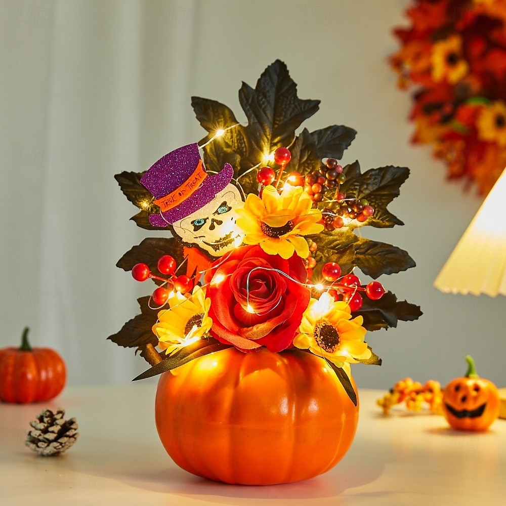 enfeite de mesa de outono de Halloween com abóbora falsa, folhas de bordo e luz LED para o festival da colheita de outono, decoração de cena assustadora de Halloween para casa e festa de outono de 2025 por $20.99 –P13