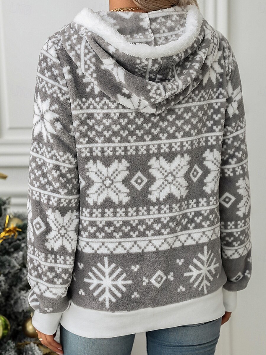 jaqueta de lã feminina com forro de sherpa e capuz com zíper completo, estampa de floco de neve de inverno, cinza e branco, aconchegante, quente, casual, vários tamanhos de 2025 por $50.99 –P4