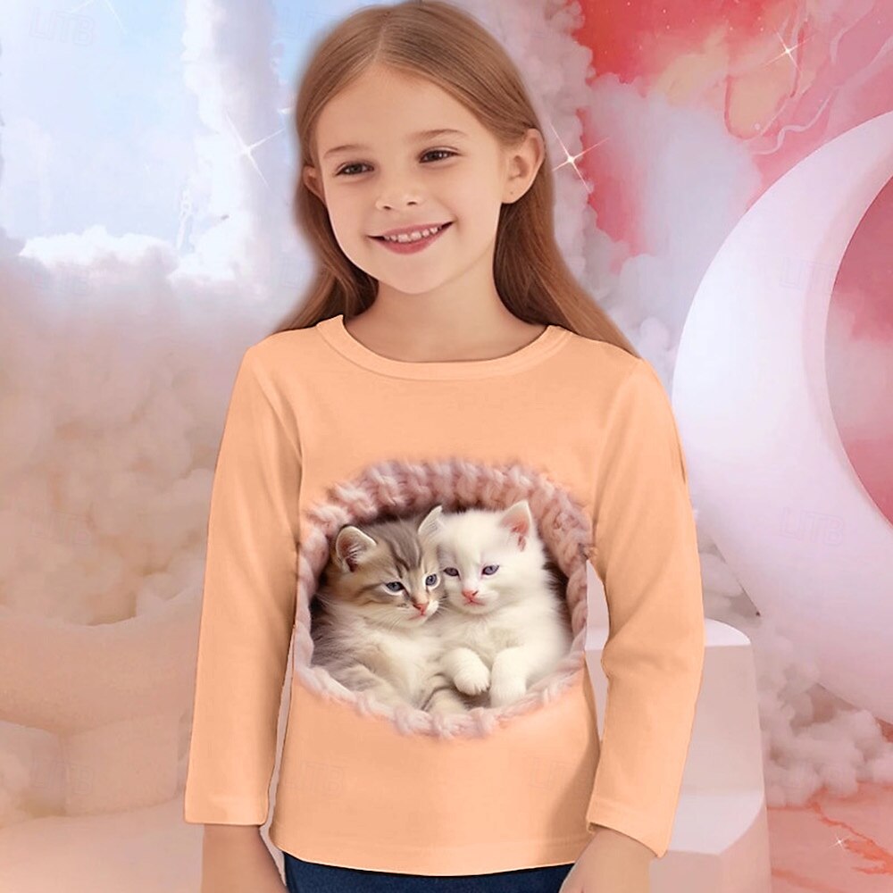 Flickor 3D Grafisk Djur Katt T-shirt Långärmad Vår Höst Mode Grundläggande Barn 4-12 år Rund hals Utomhus Ledigt Dagligen Normal 2025 - $13.99 –P3