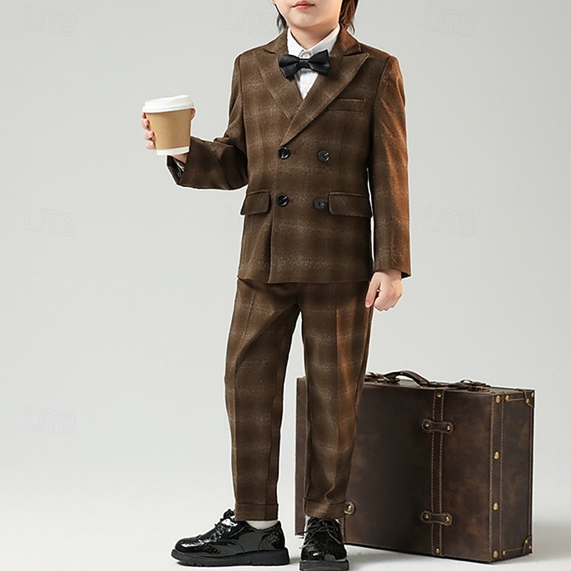 4 delar Ringbärarkostym Pojkar Barn Kostym Formell kostym Kostym och blazer Formellt set Formell Fest Mode Häftig Rutig Ficka Svart Kaffe Polyester 2025 - $88.99 –P9