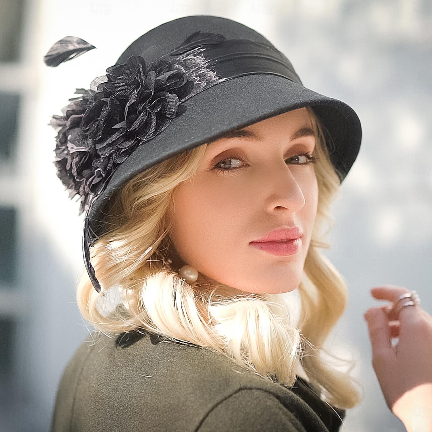 Kalap 100% Gyapjú Fedora kalap Esküvő Hölgyek napja Elegáns Brit Val vel Toll Csipke oldal Sisak Fejfedők 2025 - $45.99 –P14