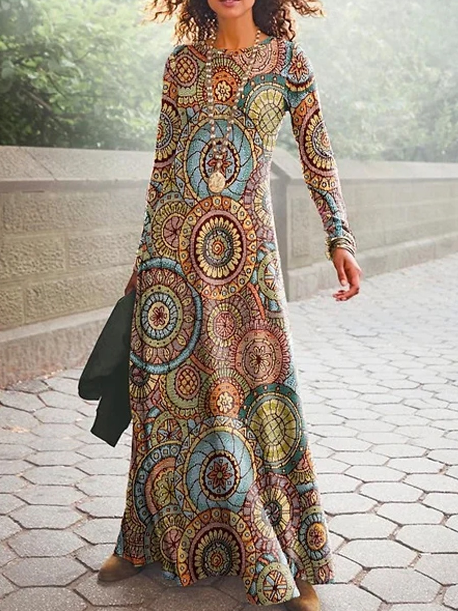 Dámské maxi šaty šaty s posunem áčkové šaty Boho elegantní stylové dovolená párty každodenní běžné měření grafické dlouhé rukávy kulatý výstřih pestré jaro podzim 2025 - $36.99 –P1