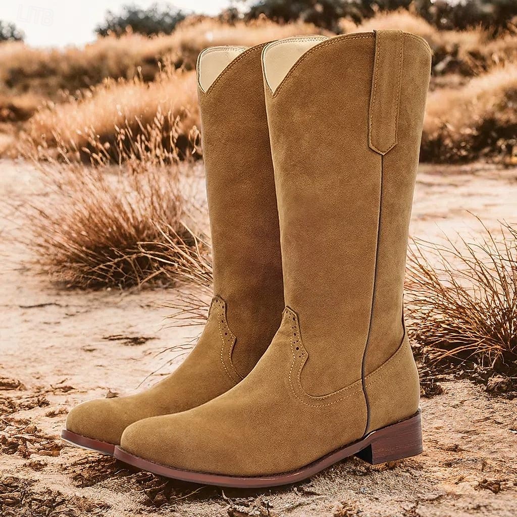pánské hnědé semišové westernové kovbojské boty se stahovacími poutky a klasickým prošíváním - boty do půli lýtek ve vintage stylu 2025 - $54.99 –P11