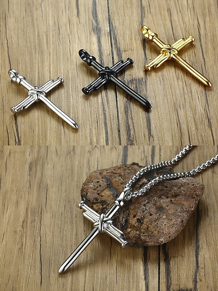 collier croix en acier inoxydable pour homme – pendentif religieux avec motif clou et chaîne de 2025 ? $8.99 –P6