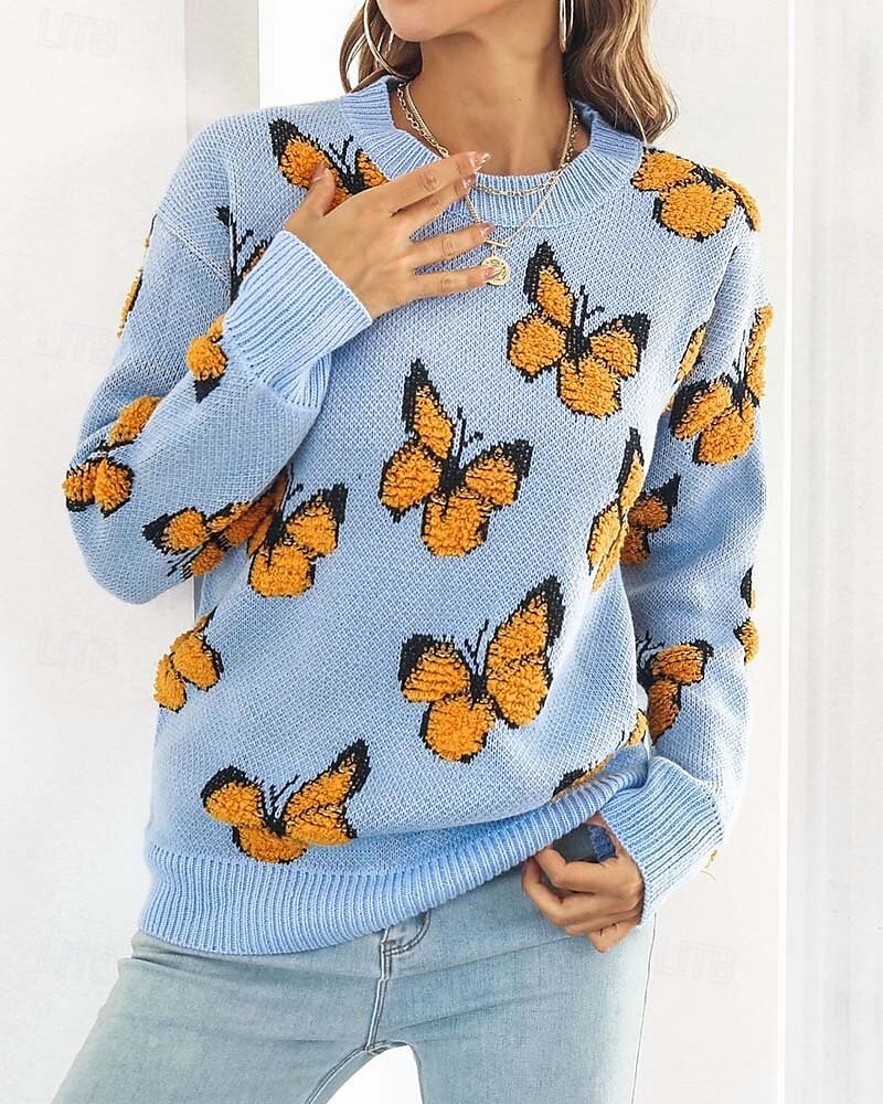 Damen Pullover Modisch Kuschelig Strassenmode Graphic Bedruckt Rundhalsausschnitt Strick Langarm Normale Oberteile Stricken Arbeit Wochenende Blau Orange Herbst Winter 2025 - $56.99 –P5