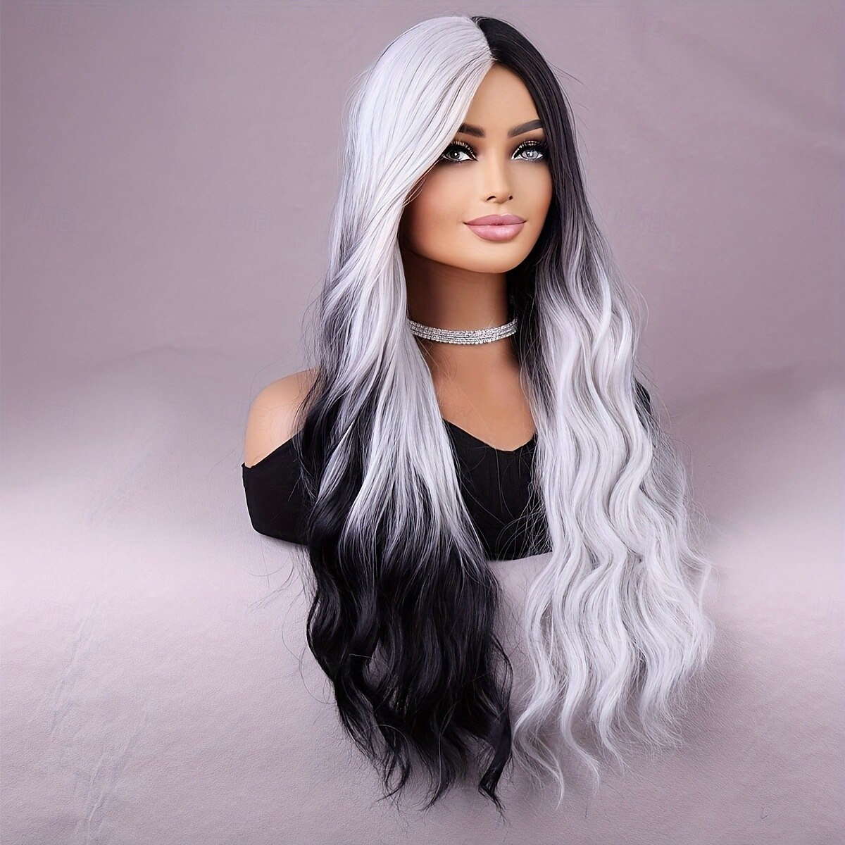 lunga parrucca doppia nera e bianca una parrucca bianca con capelli sintetici resistenti al calore nella parte centrale di una parrucca da festa cosplay del 2025 a $20.99 –P1