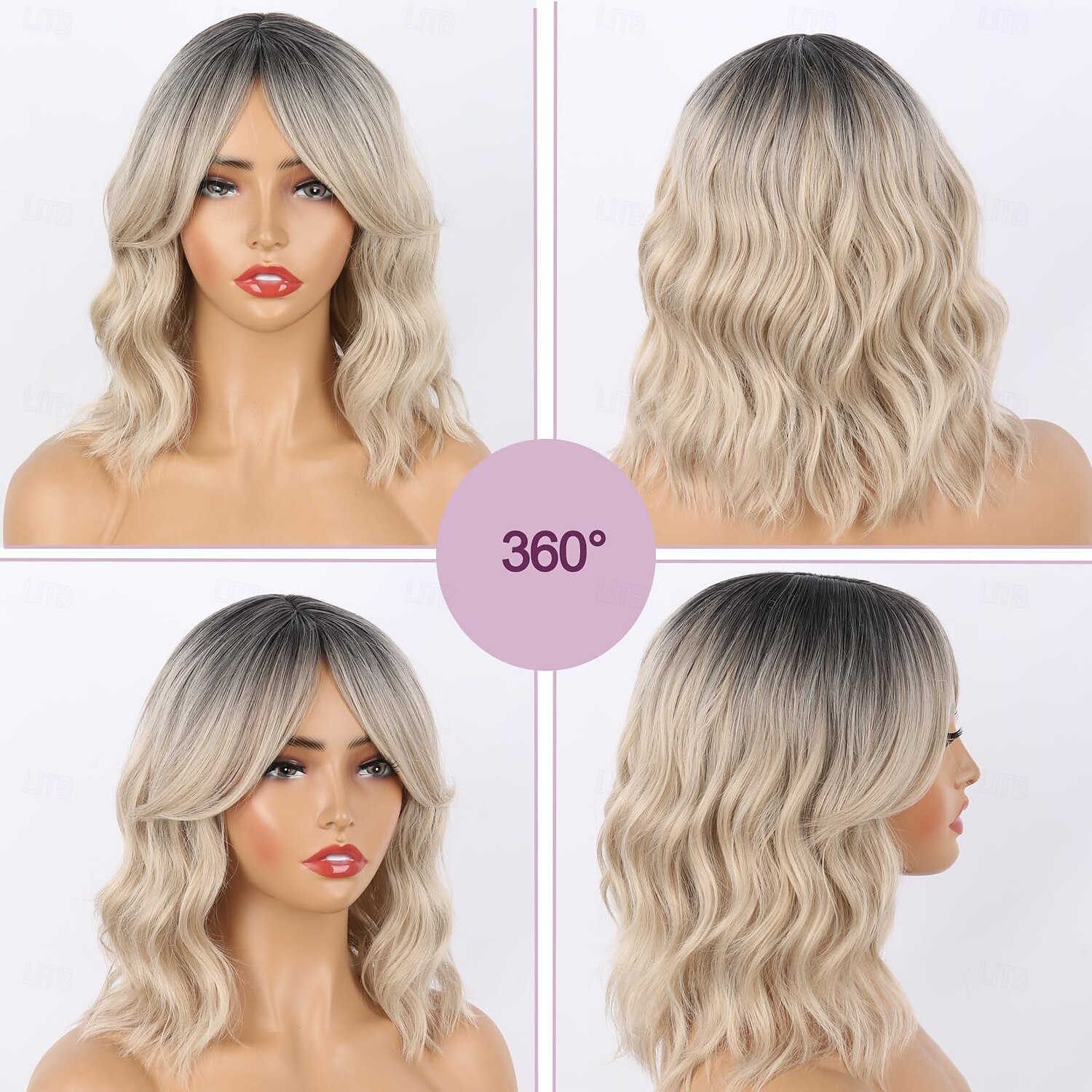 Short Wavy Bob Wig with Curtain Bangs,Short Wavy Wig with Dark Roots Bob Wigs for Women Natural Looking Bob Wavy Wig with Bangs 2025 - $18.99 –P7