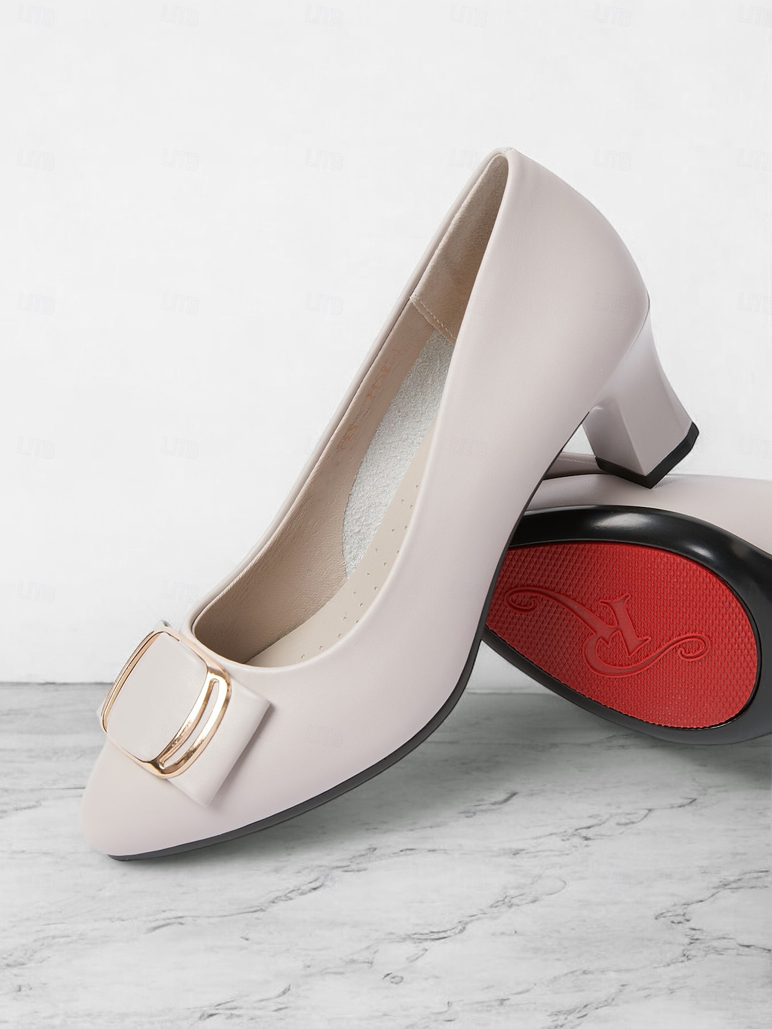 Women's Beige Low Block Heel Pumps with Gold Buckle and Flexible Sole – Comfortable Slip-On Shoes for Office and Formal Wear 2025 - $42.99 –P1