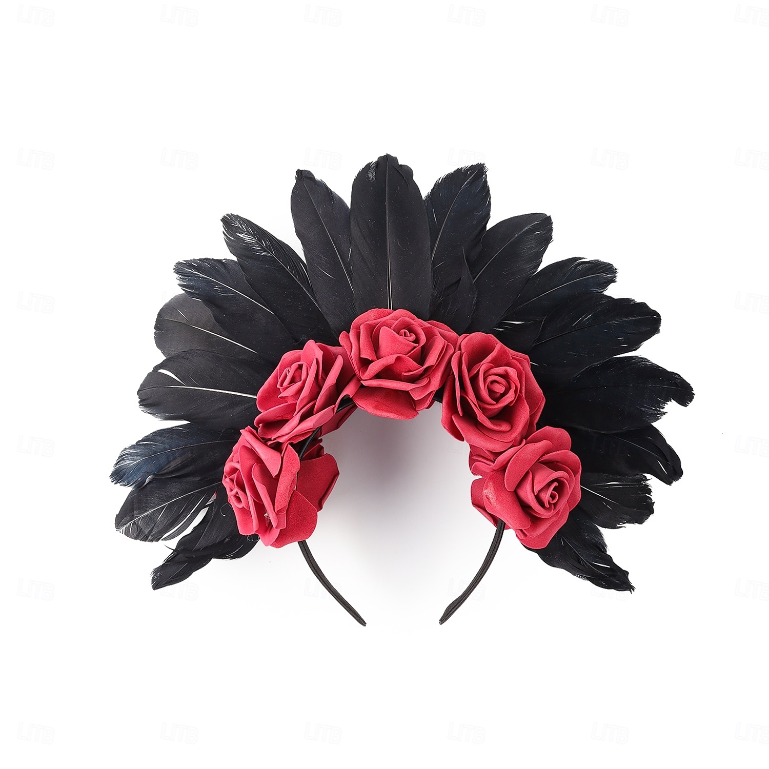 svart fjäder och röd ros blommigt pannband för kvinnor – gotisk blommig krona för halloween, kostymfester och festivaler 2025 - $14.99 –P3