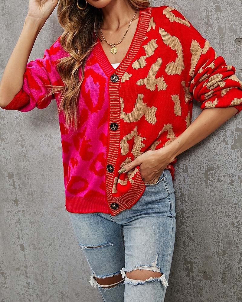 Damen Strickjacke Modisch Täglich Brautkleider schlicht Leopard Farbblock Bedruckt Öffnung vorne Strick Langarm Normale Oberteile Stricken Formal Heim Rote Braun Herbst Winter 2025 - $37.99 –P9