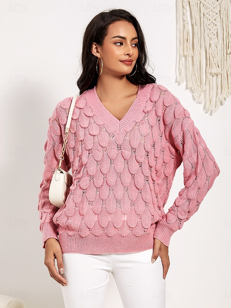 Damen Pullover Elegant Modisch Täglich Blumen V Ausschnitt Ausgehöhlt Langarm Normale Oberteile Stricken Arbeit Rosa Rote Herbst Winter 2025 - $48.99 –P2