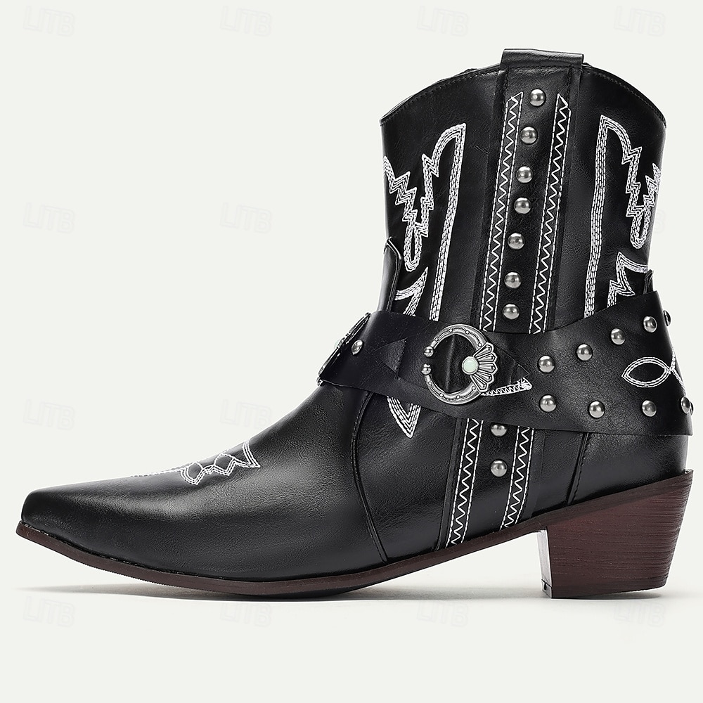 férfi western cowboy csizma díszített csatos pántokkal és szegecses dizájnnal - vintage stílusú műbőr bokacsizma rodeó és hétköznapi viselethez 2025 - $84.99 –P6